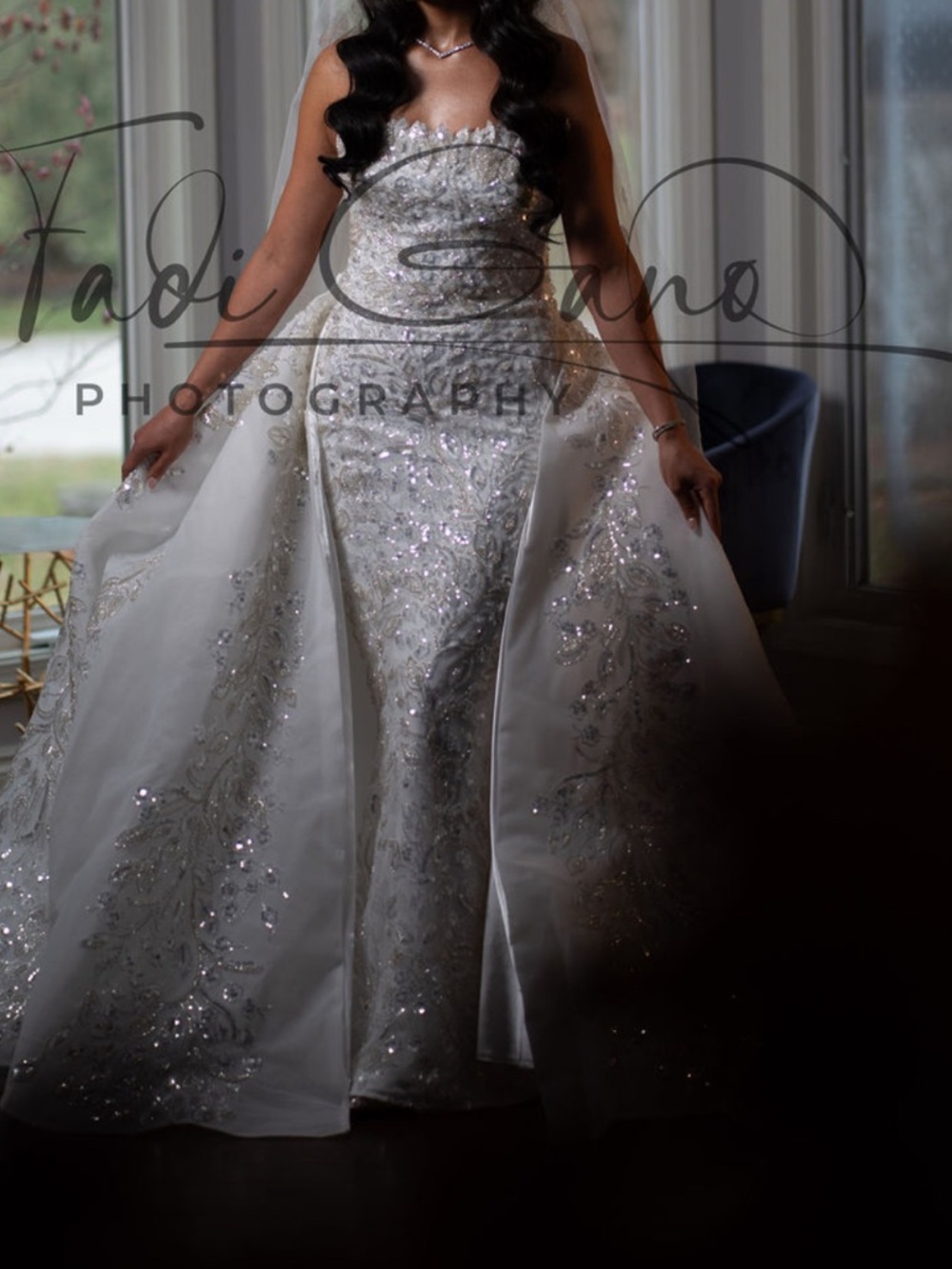 Beaded Strapless White Wedding Gown with Detachable Overskirt